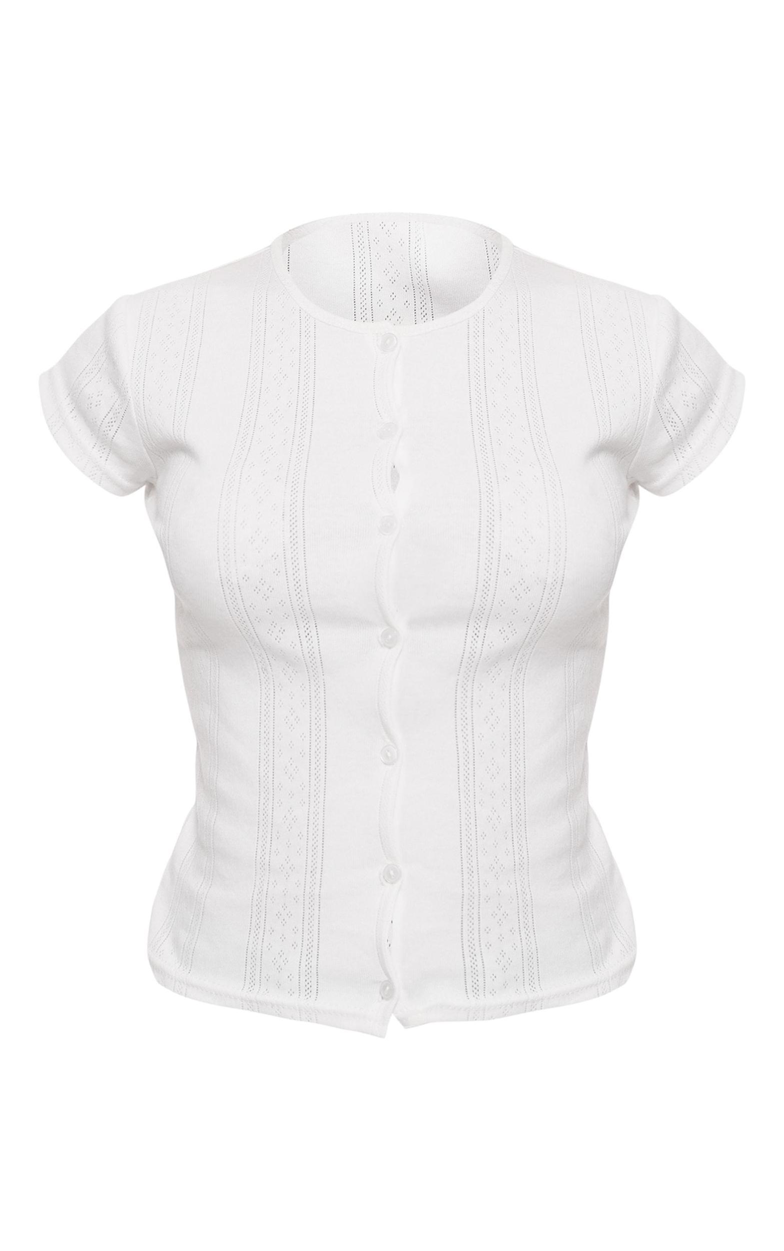 White Pointelle Button Up Long Top Product Image