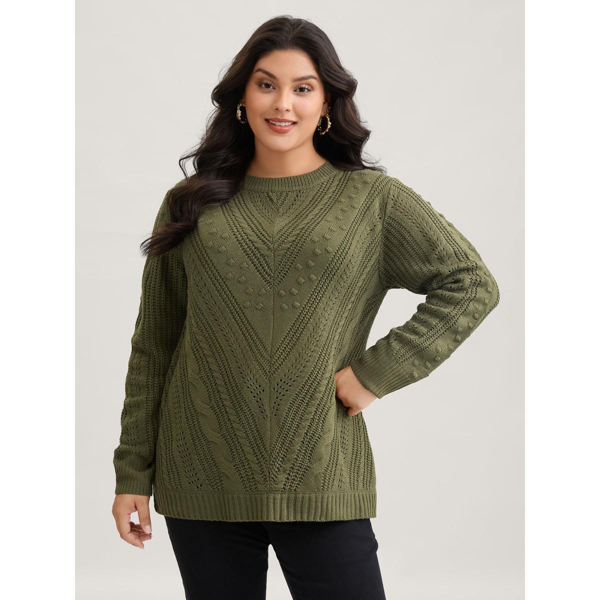 Plus Size Solid Round Neck Cable Knit Pullover ArmyGreen Women Casual Long Sleeve Round Neck Everyday Pullovers BloomChic 18-20/2X Product Image