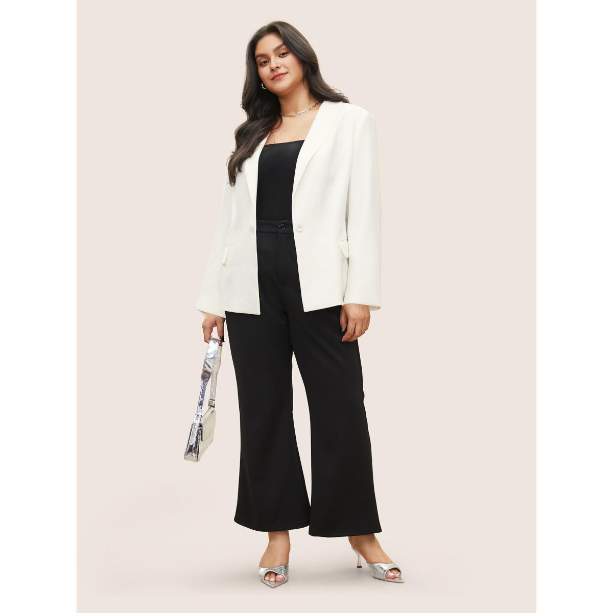Plus Size Plain Suit Collar Pocket Blazer White Women Work Plain Non Sleeve Long Sleeve Suit Collar 14-16/1X Open pocket with flap Workwear Essentials Blazers BloomChic Product Image