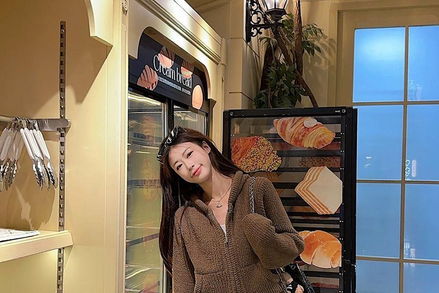 Plain Hooded Zip Jacket / High Waist Plaid Wide Leg Pants Product Image