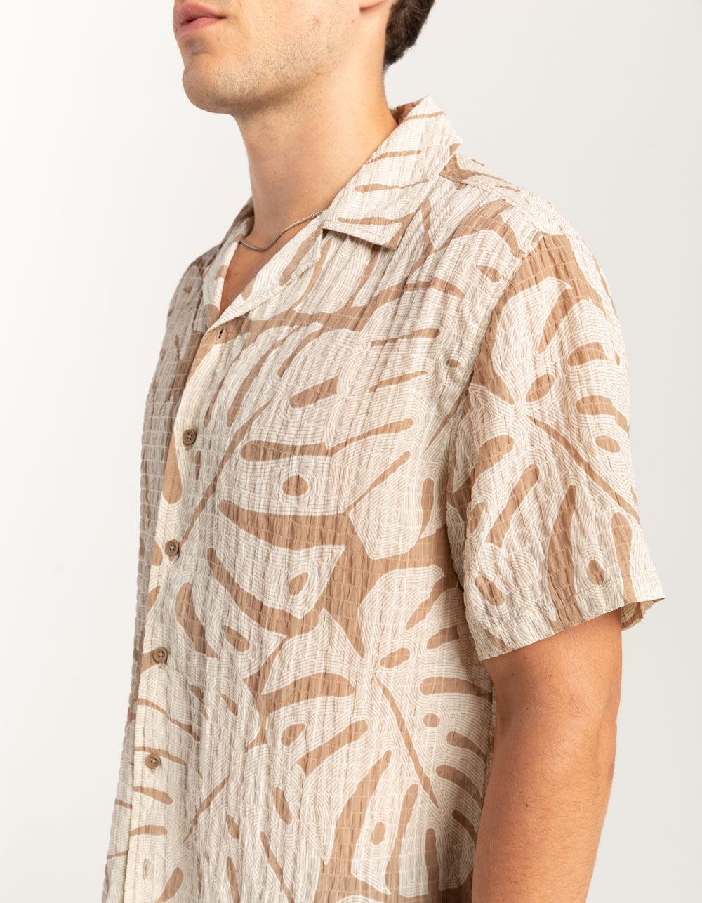 RSQ Mens Texture Leaf Camp Shirt - TAN Product Image
