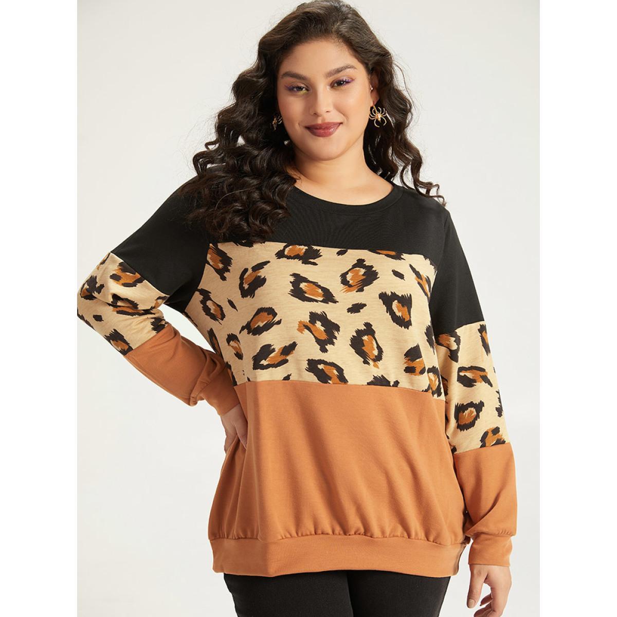 Plus Size Halloween Leopard Patchwork Contrast Sweatshirt Women Multicolor Casual Contrast Round Neck Festival-Halloween Sweatshirts BloomChic 18-20/2X Product Image
