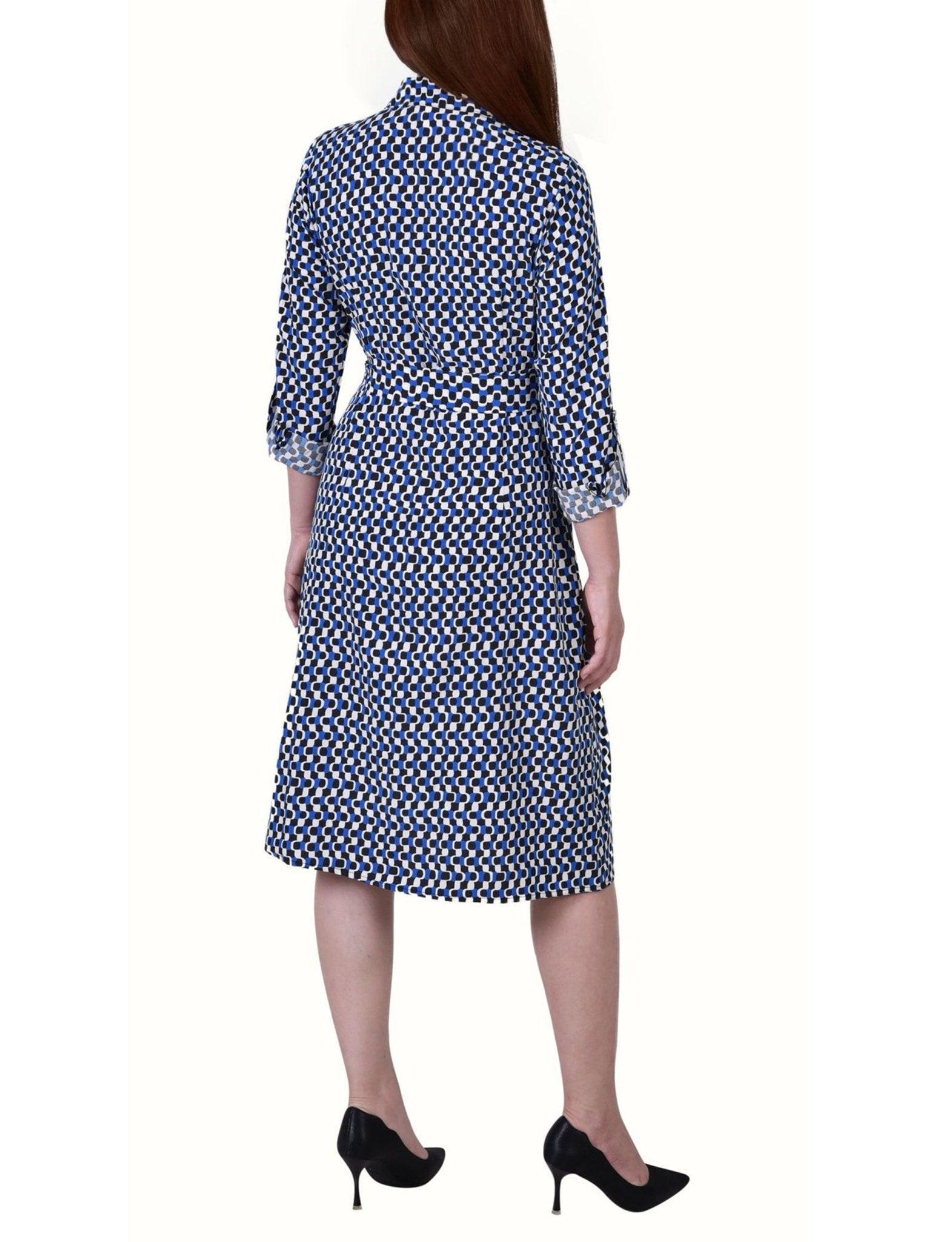 Cypress Inca Gold Navy Zigzag 3/4 Roll Tab Sleeve Belted Shirtdress - Petite Product Image