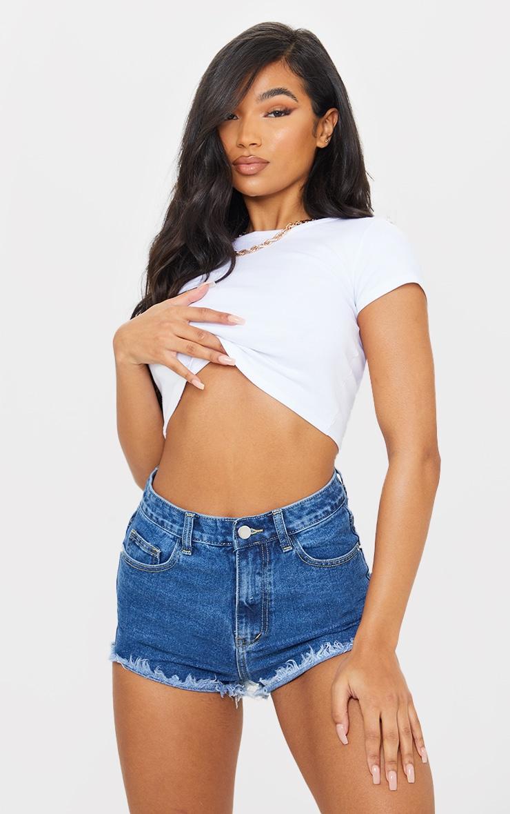 Mid Blue Wash Frayed Hem Denim Shorts Product Image