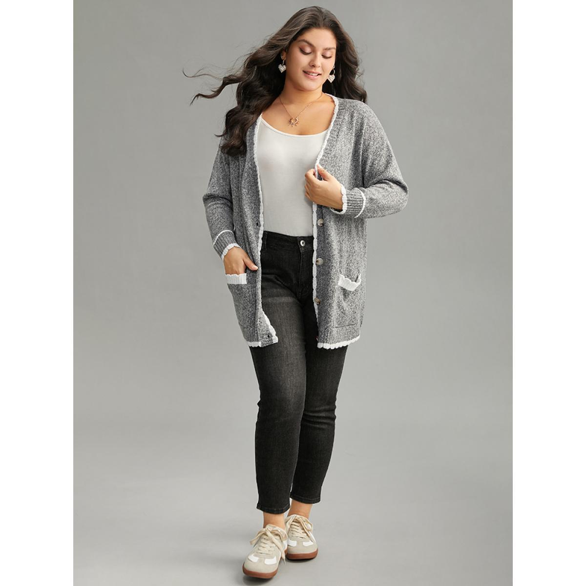 Plus Size Heather Contrast Pocket Button Through Cardigan Gray Women Casual Loose Long Sleeve Dailywear Cardigans BloomChic 26/4X Product Image