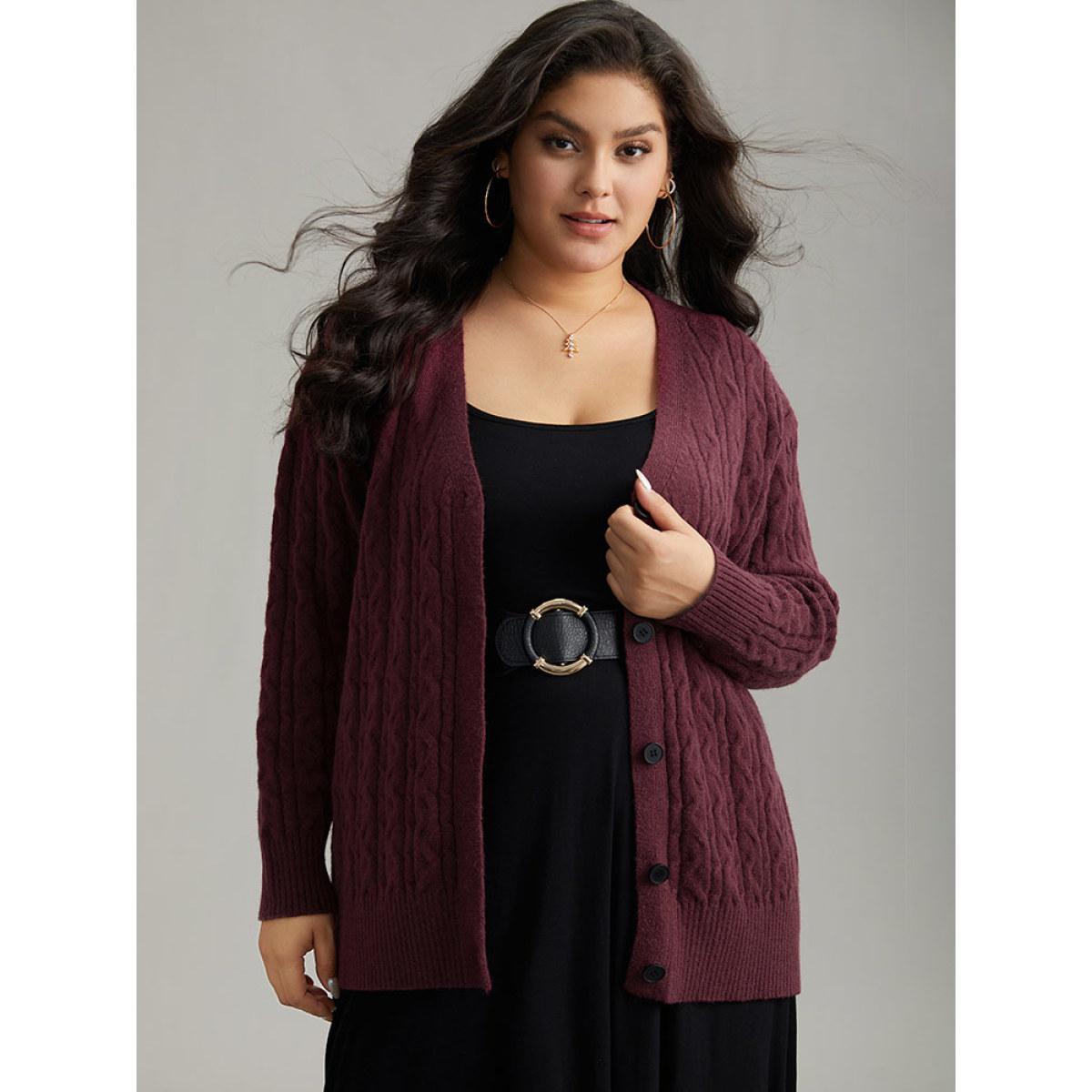 Plus Size Solid Cable Knit Button Fly Cardigan Burgundy Women Casual Loose Long Sleeve Everyday Cardigans BloomChic 12/L Product Image