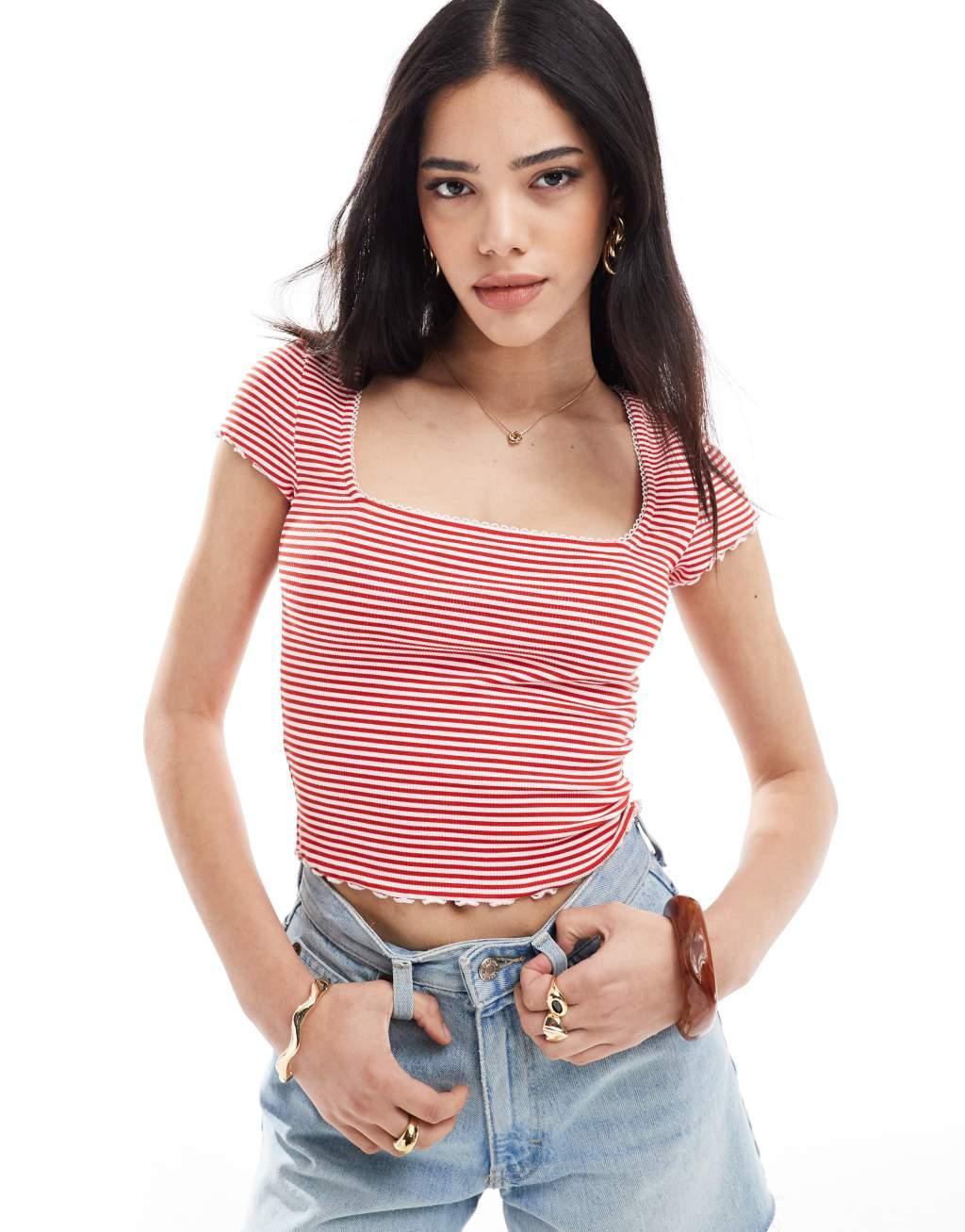 Miss Selfridge striped lace trim ribbed short sleeve top Product Image