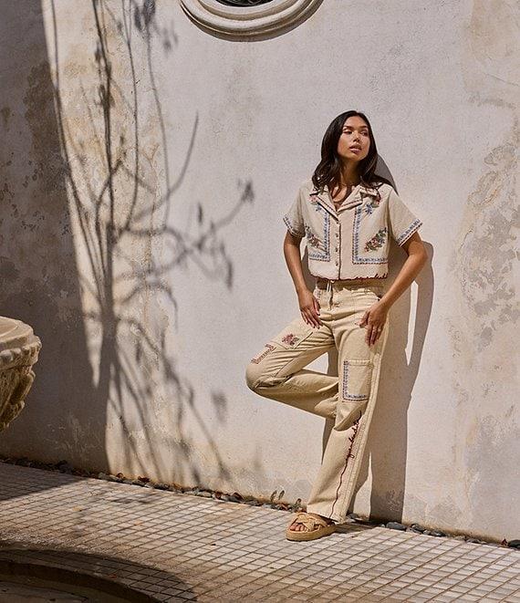 Agua Bendita Moorea Blush Floral Embroidered Straight Cargo Pants Product Image