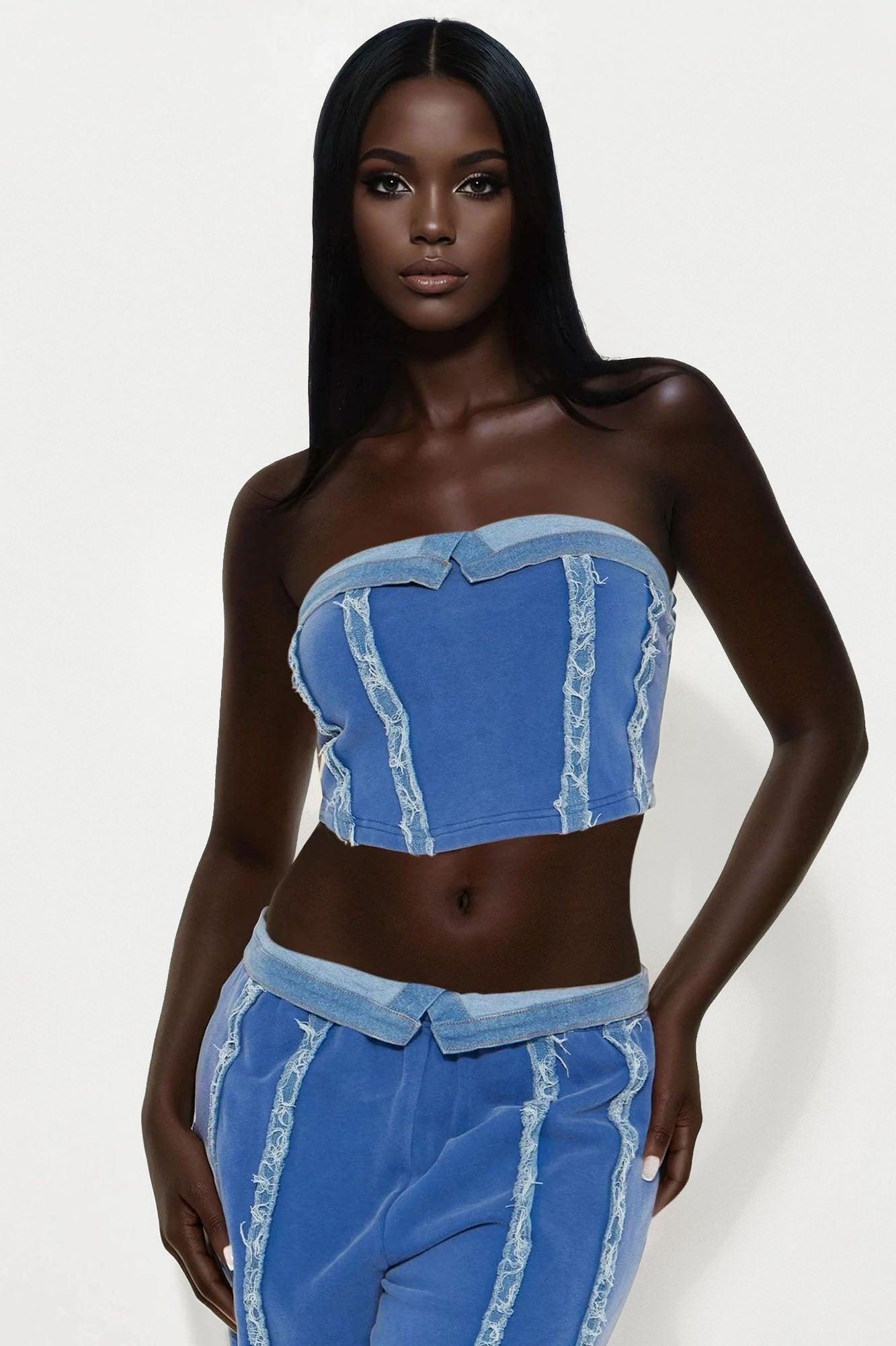 Aida Knit Denim Pant Set - Blue Product Image