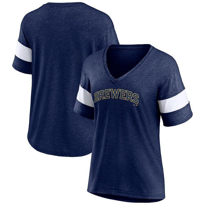 Women's Fanatics Branded Heathered Navy Milwaukee Brewers Wordmark V-Neck Tri-Blend T-Shirt, Size: Small, Blue Product Image