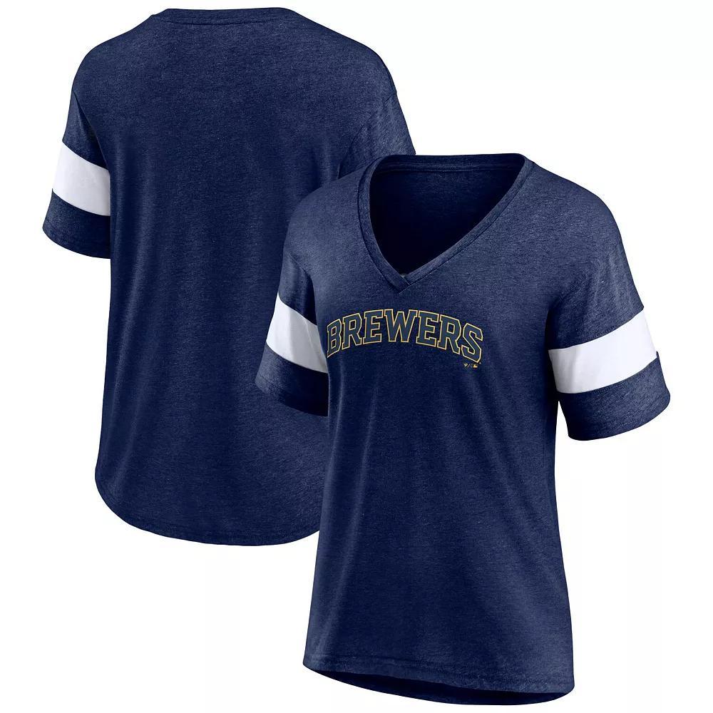 Women's Fanatics Branded Heathered Navy Milwaukee Brewers Wordmark V-Neck Tri-Blend T-Shirt, Size: Small, Blue Product Image