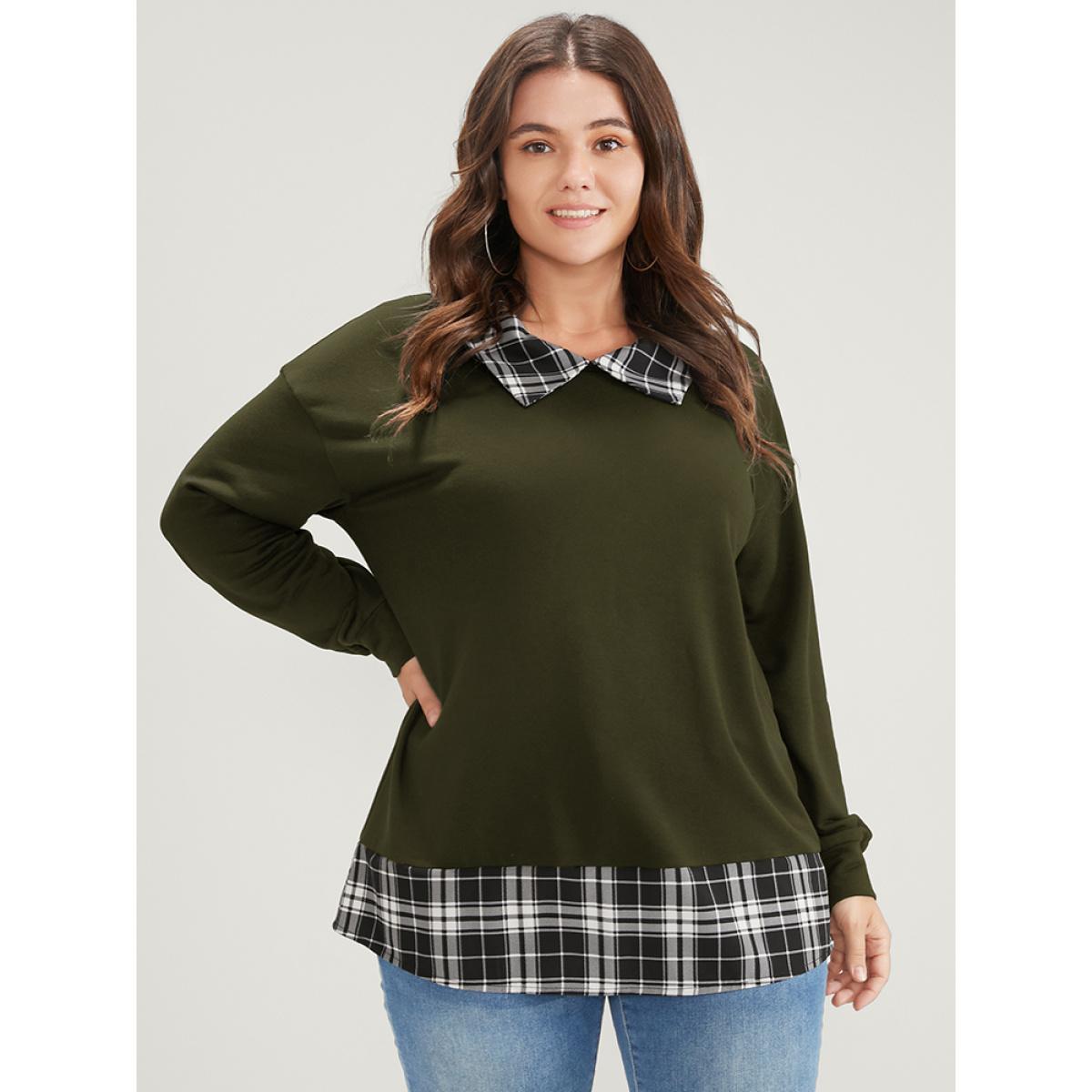 Plus Size Plaid Print Drop Shoulder 2-In-1 Sweatshirt Women ArmyGreen Casual Lapel Collar Dailywear Sweatshirts BloomChic 14-16/1X Product Image