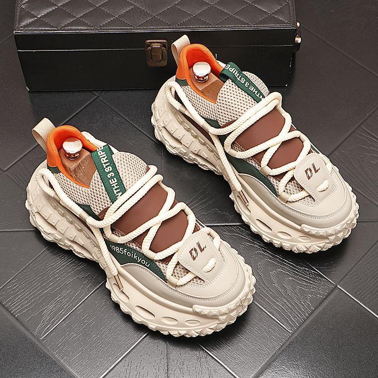 Lettering Mesh Panel Lace-Up Platform Sneakers Product Image