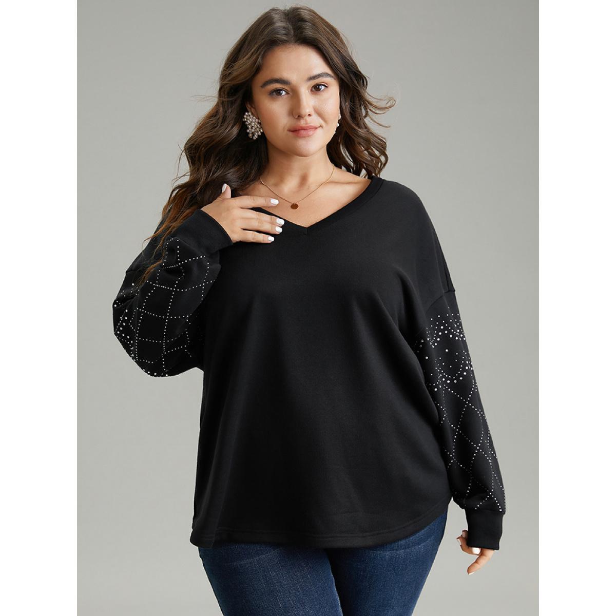 Plus Size Rhinestone Plain Drop Shoulder Sweatshirt Women Black Elegant Rib Knit V-neck Dailywear Sweatshirts BloomChic 14-16/1X Product Image
