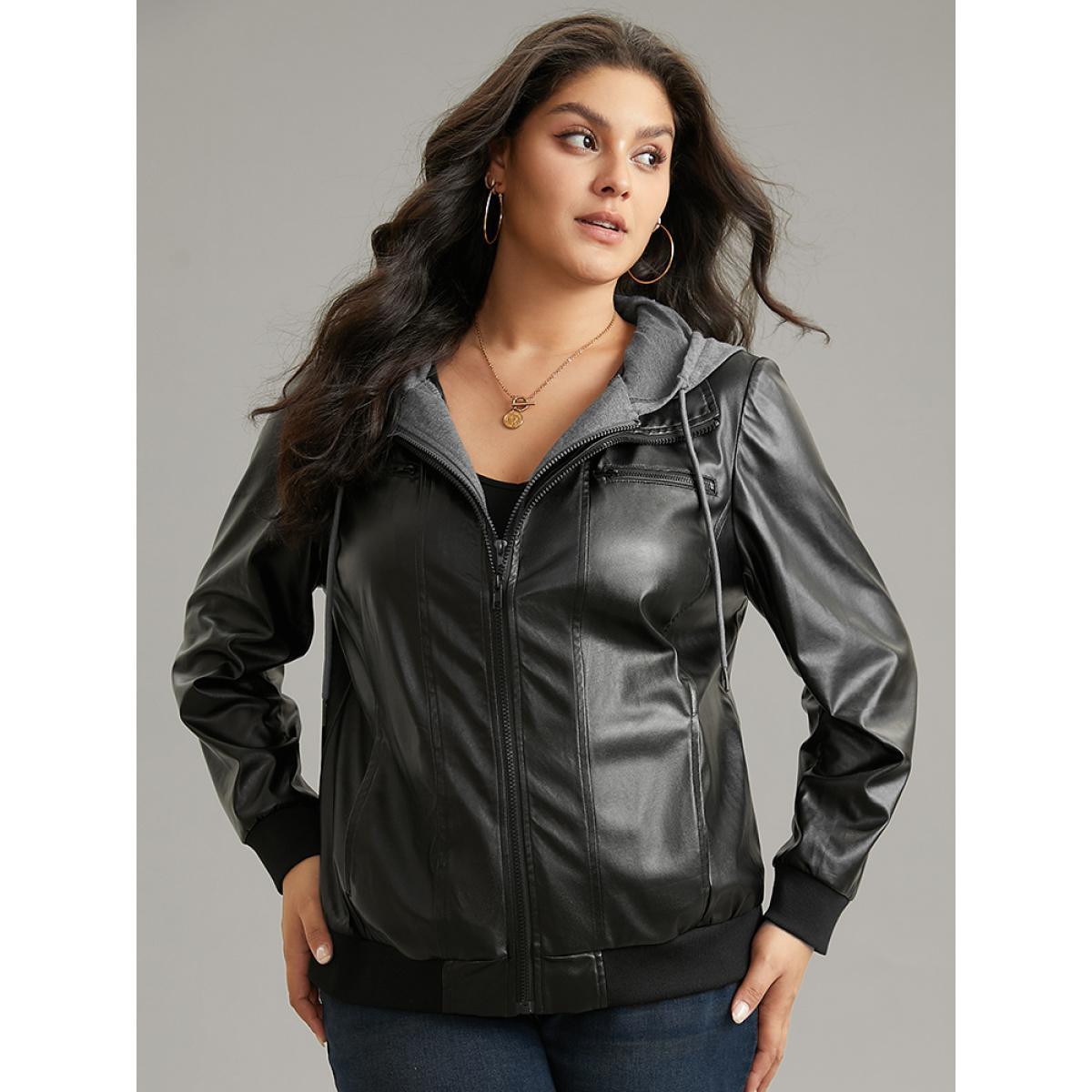 Plus Size PU Leather Patchwork Hooded Drawstring Rib Knit Jacket Women Black Rib Knit Pocket Dailywear Jackets BloomChic 18-20/2X Product Image