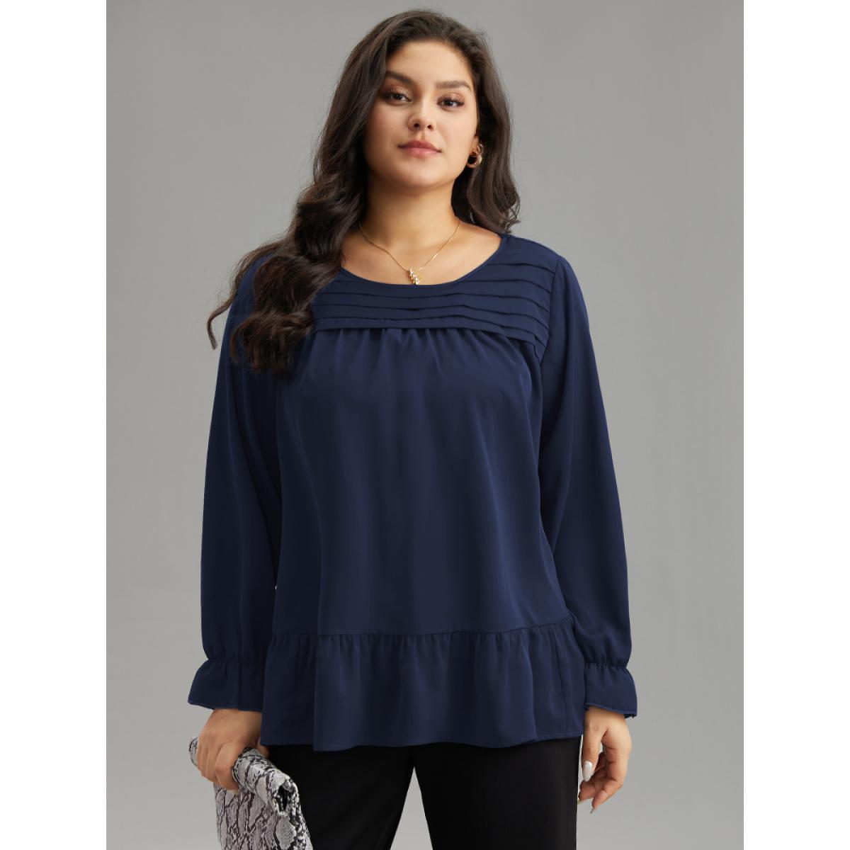 Plus Size Indigo Static-Free Plain Pleated Ruffles Lantern Sleeve Blouse Women Office Long Sleeve Round Neck Work Blouses BloomChic 28/5X Product Image