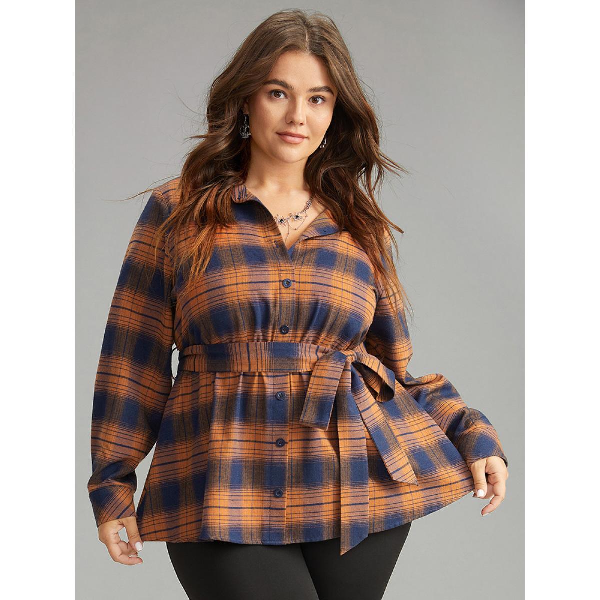 Plus Size Chocolate Plaid Elastic Waist Shirt Collar Blouse Women Elegant Long Sleeve Shirt collar Dailywear Blouses BloomChic 28/5X Product Image