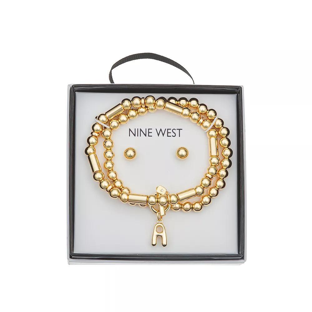 Nine West Gold Tone Initial Bracelet & Stud Earring Set, Womens, Gold Tone A Product Image