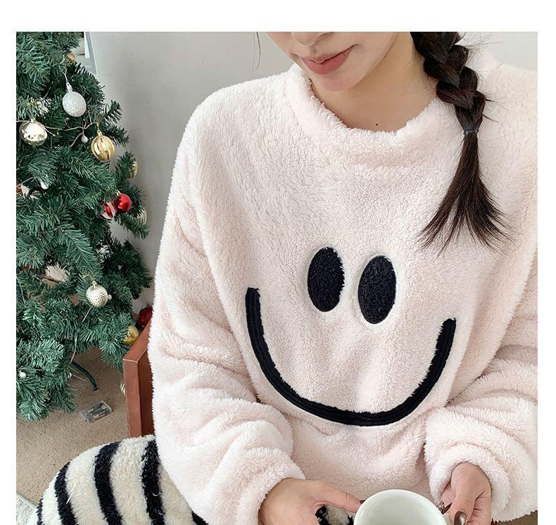 Pajama Set: Smiley Face Sweatshirt + Striped Pants Product Image