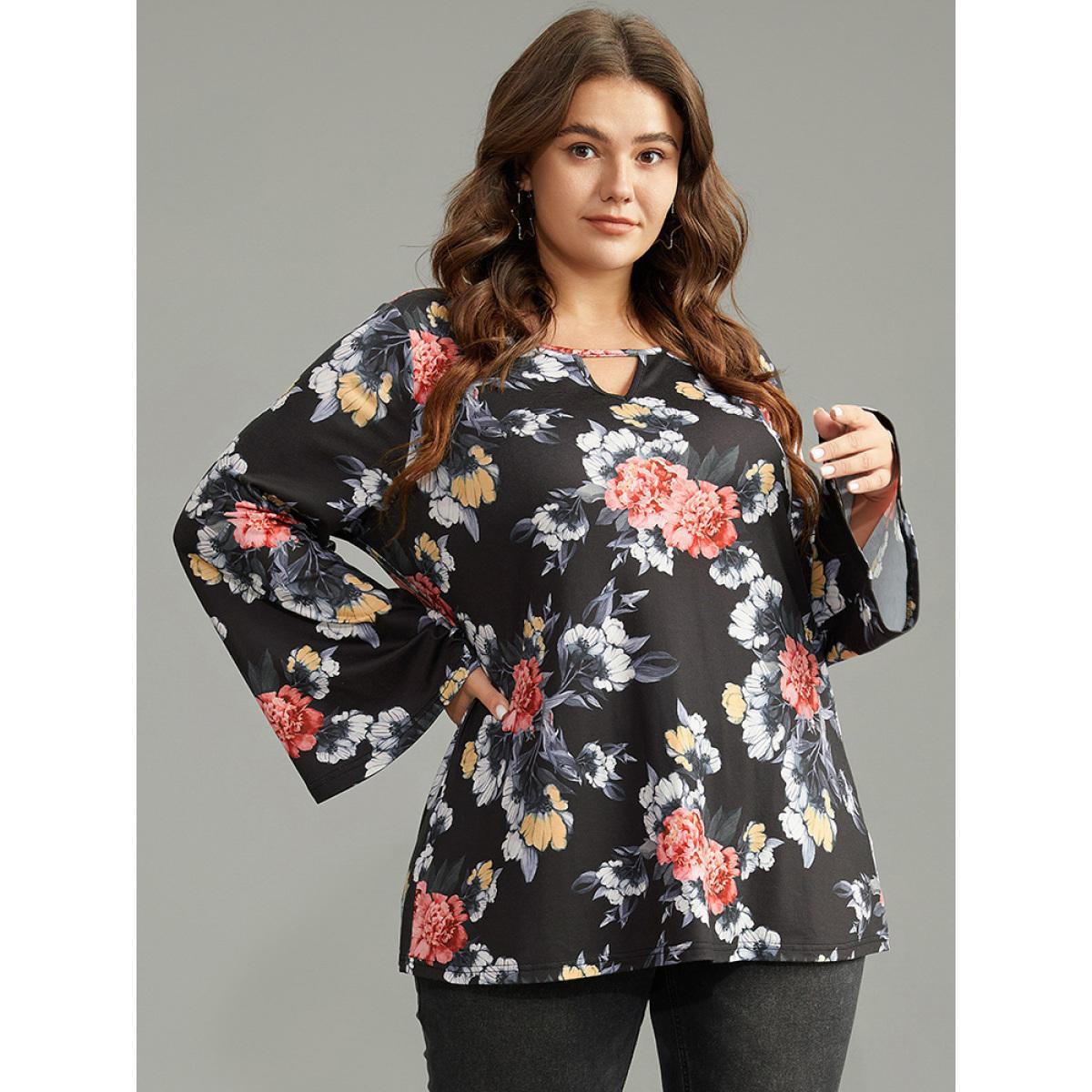 Plus Size Floral Keyhole Ruffle Sleeve T-shirt Multicolor Women Casual Printed Floral Keyhole Cut-Out Dailywear T-shirts BloomChic 30/6X Product Image