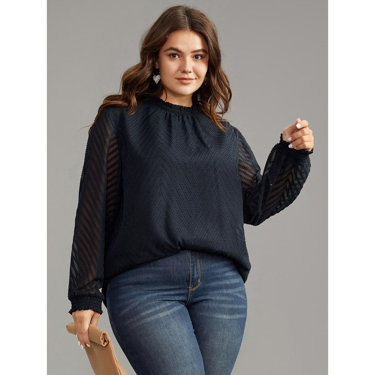 Plus Size Midnight Plain Patchwork Mesh Shirred Frill Trim Blouse Women Office Long Sleeve Round Neck Work Blouses BloomChic 22-24/3X Product Image