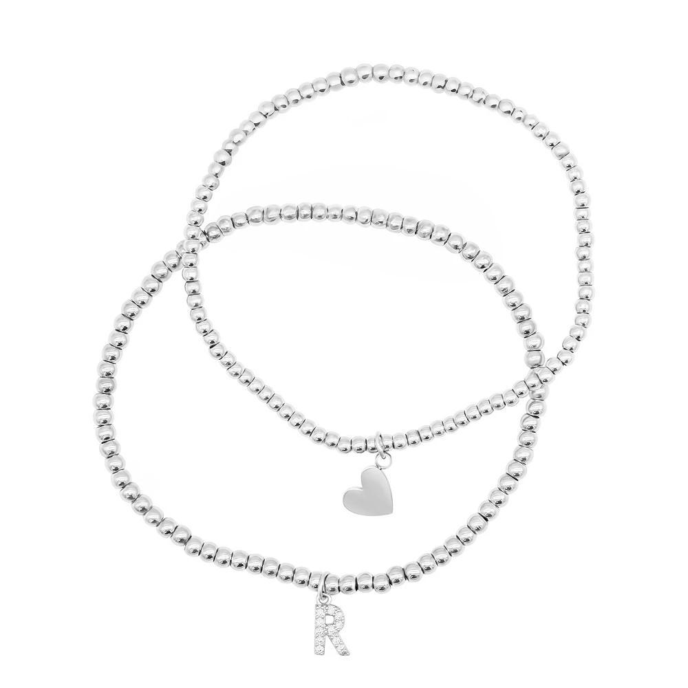 Adornia Silver Tone Mini Cubic Zirconia Initial Stretch Bracelet Set, Women's, Size: 7", Silver Tone F Product Image