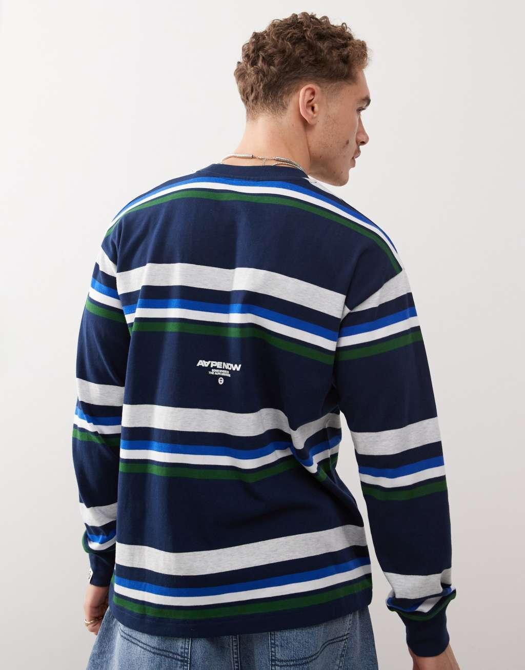 Aape By A Bathing Ape long sleeve stripe t-shirt in navy Product Image