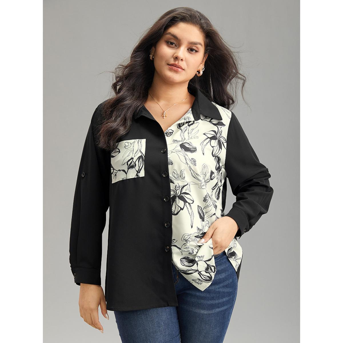 Plus Size Black Silhouette Floral Print Twill Shirt Collar Contrast Blouse Women Office Long Sleeve Shirt collar Work Blouses BloomChic 30/6X Product Image