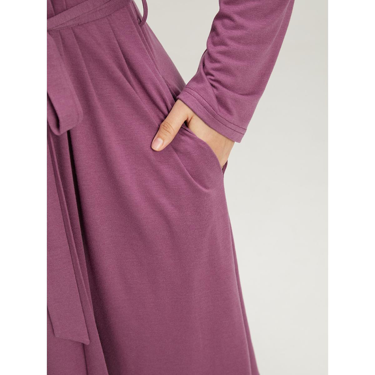 Plus Size Solid Notched Pocket Pleated Belted Dress Purple Women Casual Plain Notched collar Long Sleeve Curvy Midi Dress BloomChic 26/4X Product Image