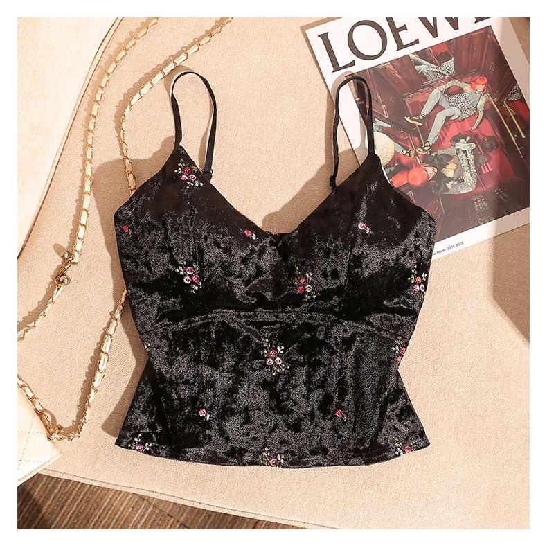 V-Neck Velvet Floral Embroidery Crop Camisole Top Product Image