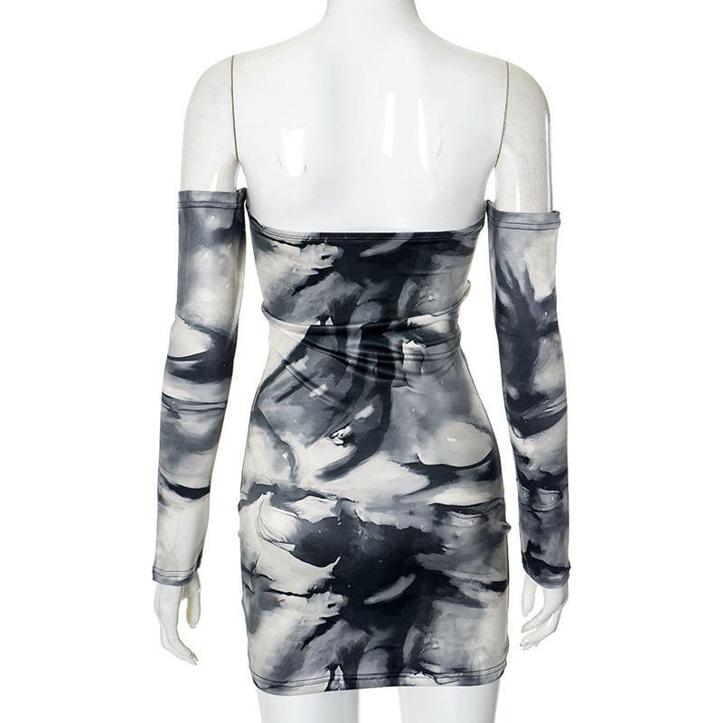 Long-Sleeve Off-Shoulder Tie Dye Mini Bodycon Dress Product Image