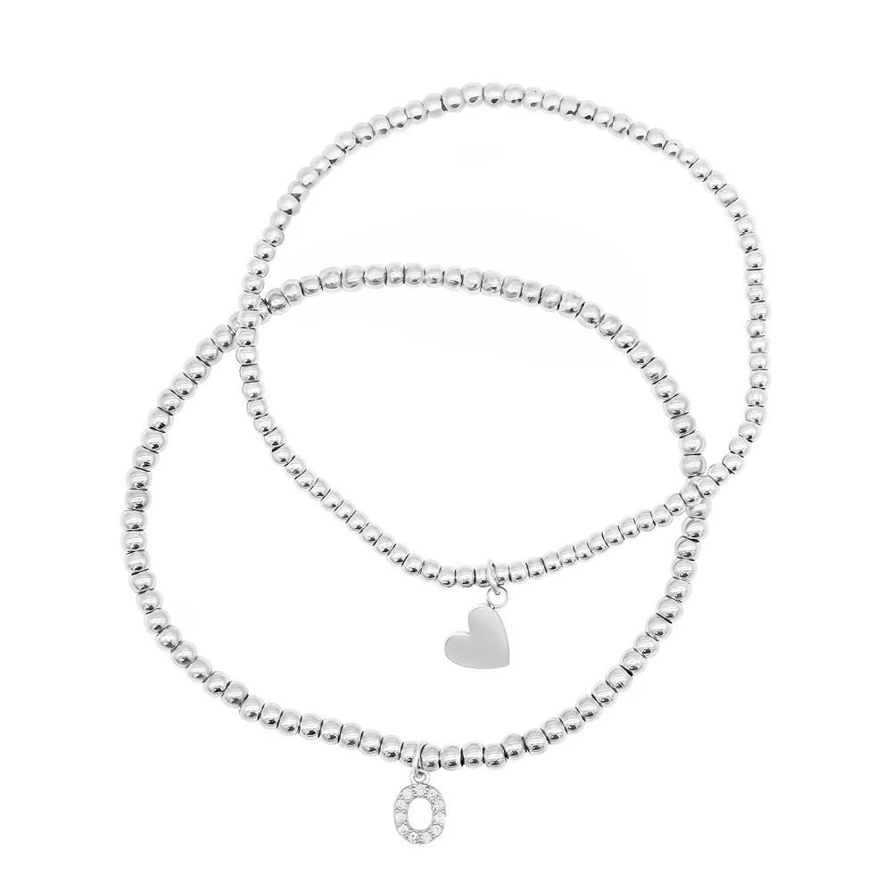 Adornia Silver Tone Mini Cubic Zirconia Initial Stretch Bracelet Set, Women's, Size: 7", Silver Tone O Product Image