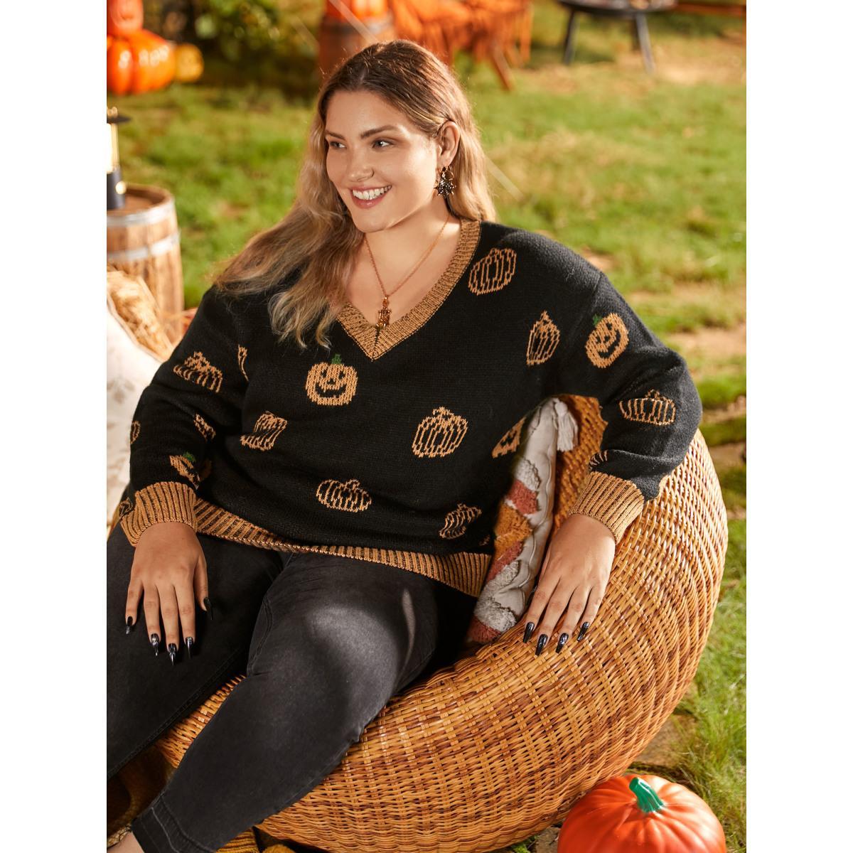 Plus Size Pumpkin Patch Contrasting Color Hemline Pullover Black Women Casual Loose Long Sleeve V-neck Everyday Pullovers BloomChic 18-20/2X Product Image