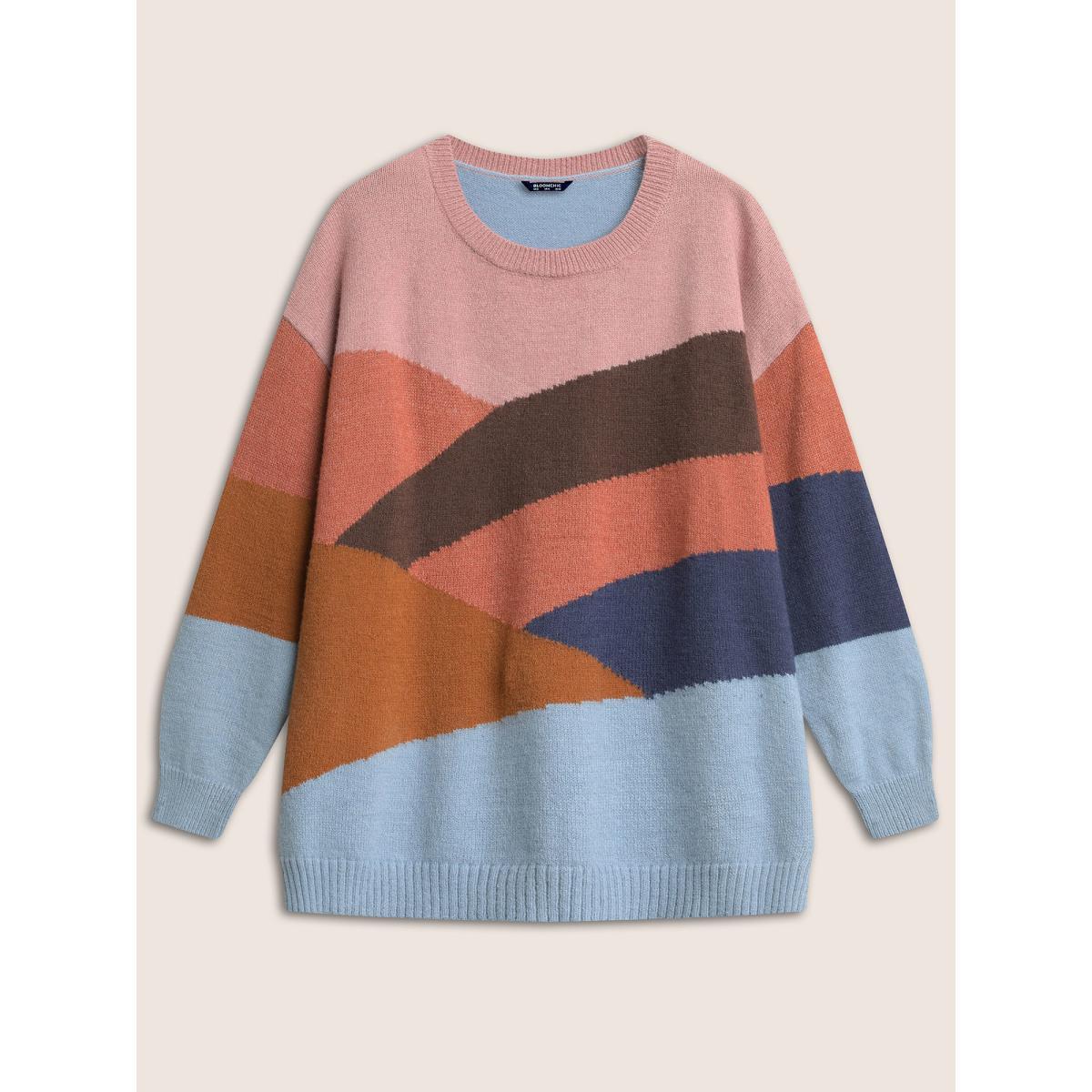 Plus Size Supersoft Essentials Colorblock Patchwork Pullover Multicolor Women Casual Long Sleeve Round Neck Everyday Pullovers BloomChic 12/L Product Image