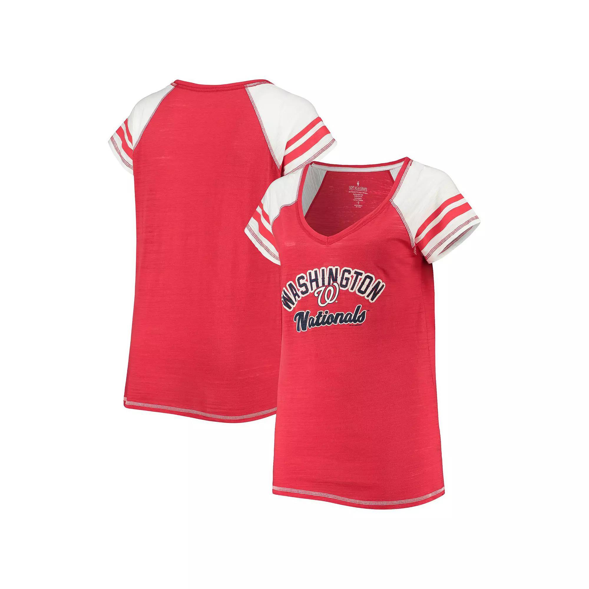 Women's Soft as a Grape Red Washington Nationals Curvy Colorblock Tri-Blend Raglan V-Neck T-Shirt, Size: 1XL Product Image