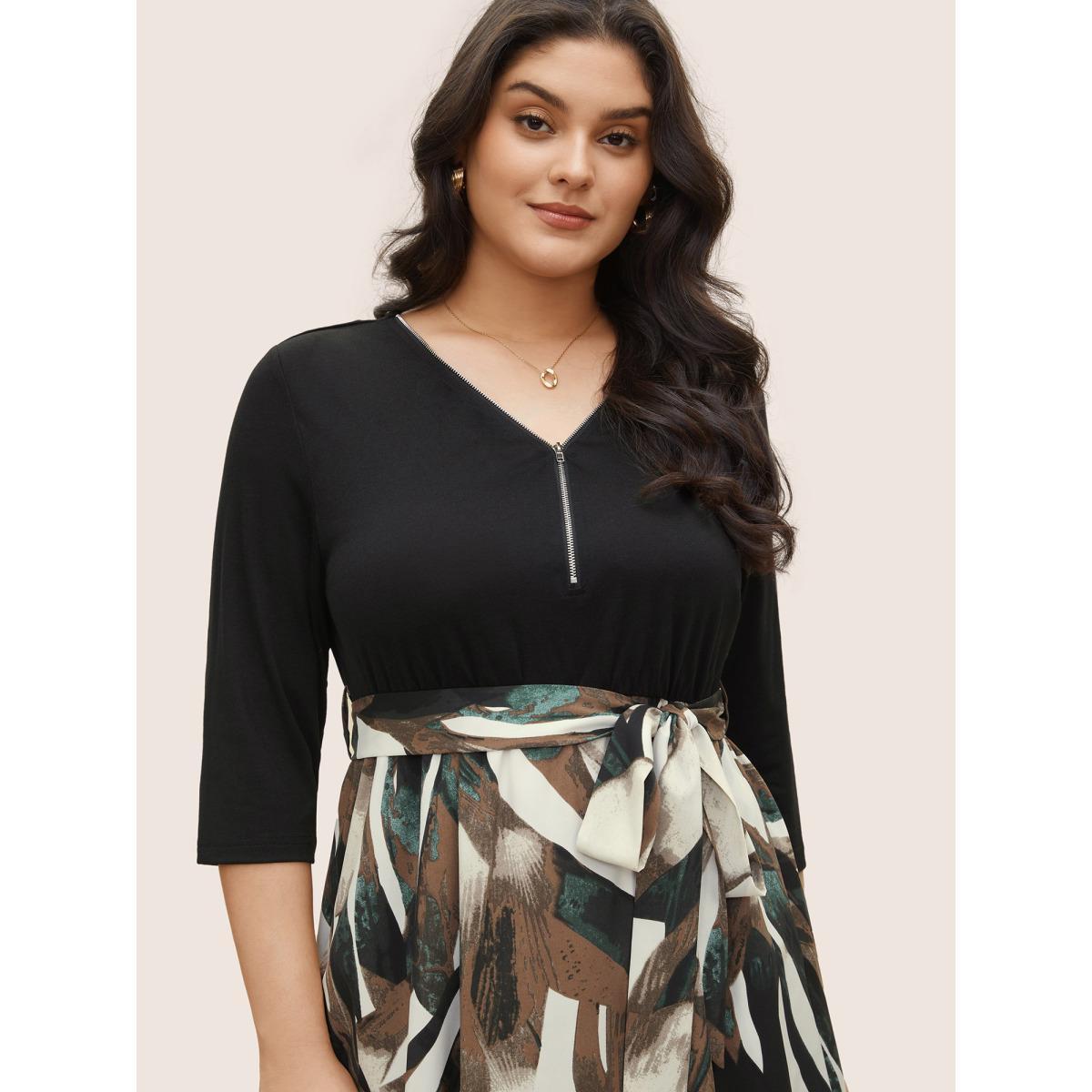 Plus Size Colorblock Contrast Half Zip Belted Dress Black Women At the Office Non V-neck Elbow-length sleeve Curvy Midi Dress BloomChic 12/L Product Image