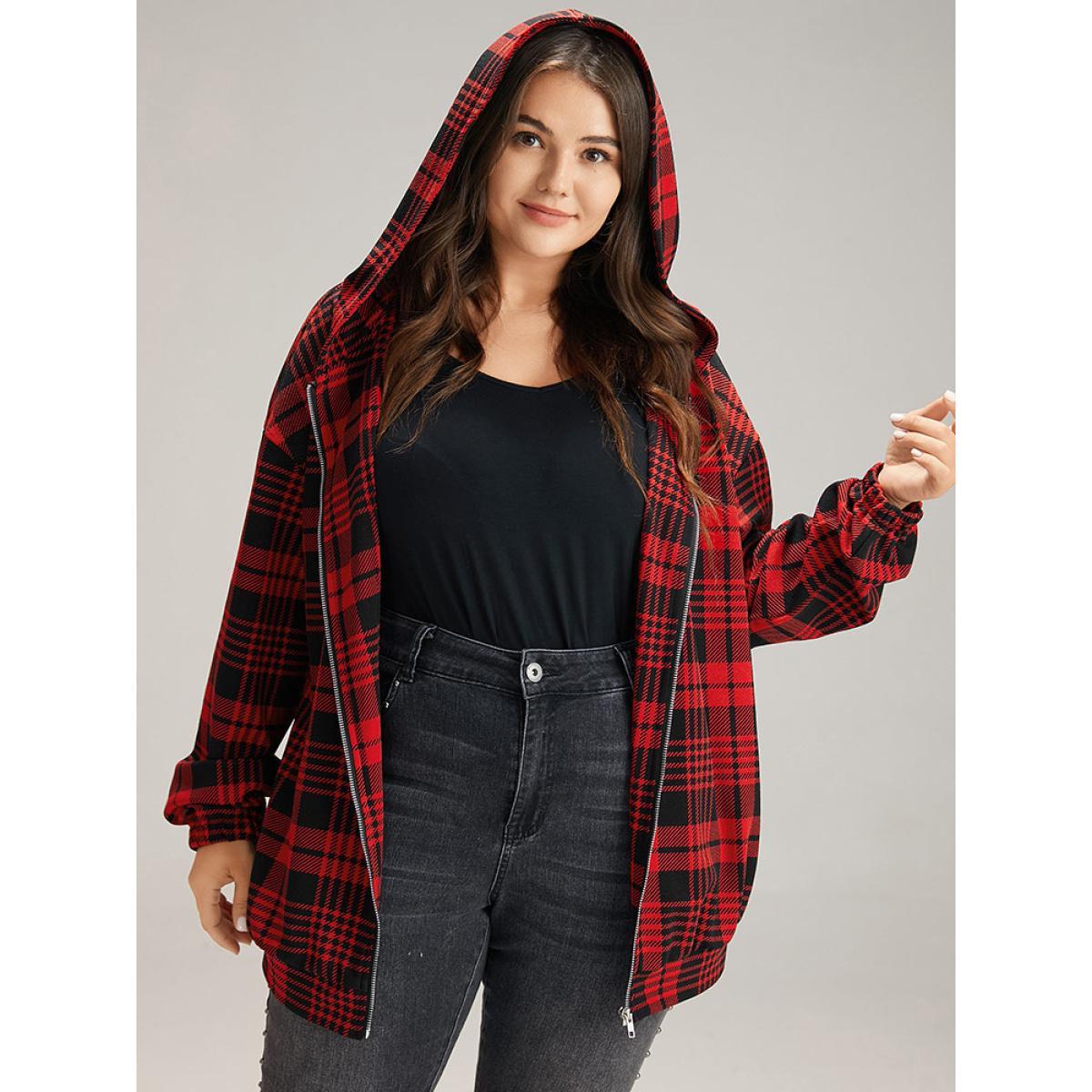 Plus Size Plaid Zipper Hooded Jacket Women Raspberry Elastic cuffs Everyday Jackets BloomChic 26/4X Product Image