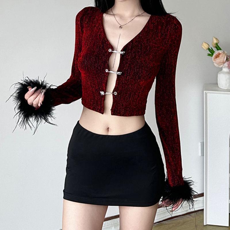 Long Sleeve Faux Fur Trim Slim-Fit Crop Cardigan Product Image