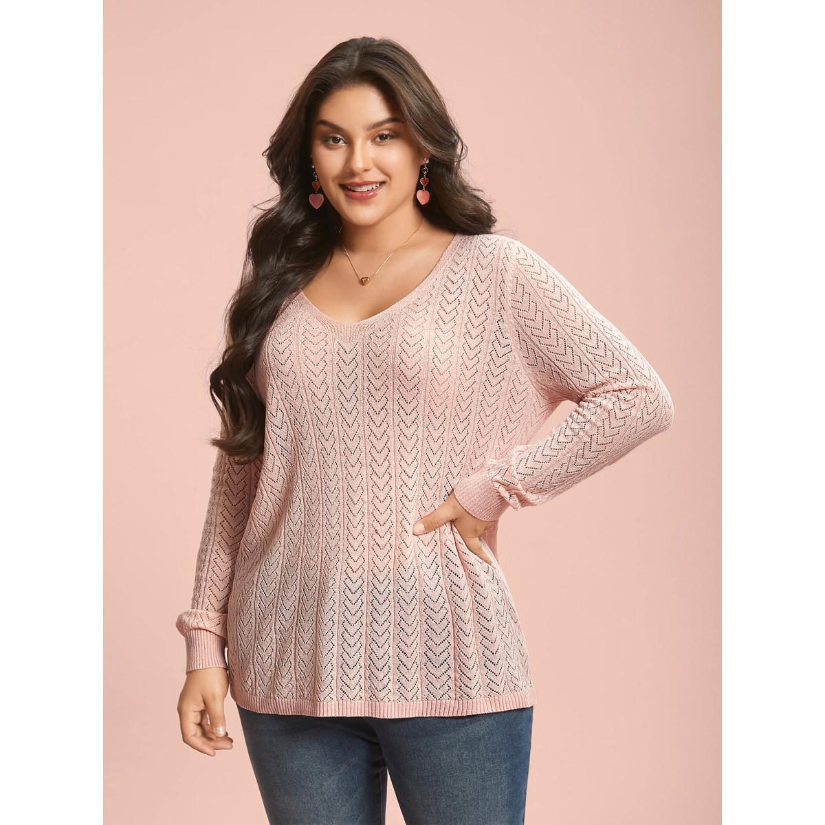 Plus Size Plain Hollow Out Romantic Textured Pullover Nudepink Women Casual Loose Long Sleeve V-neck Everyday Pullovers BloomChic 30/6X Product Image