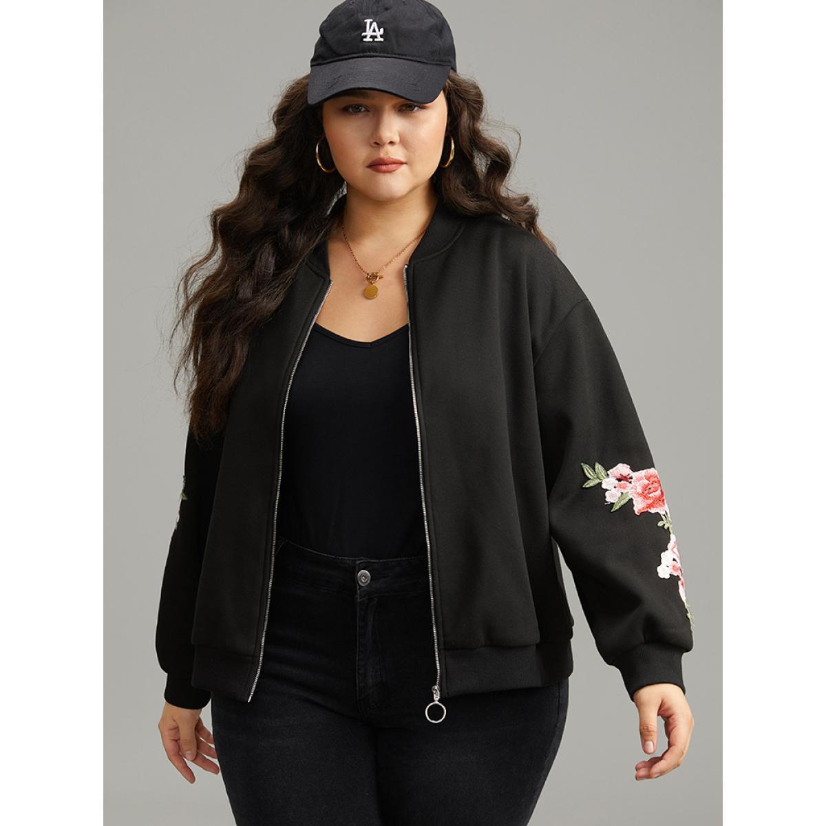 Plus Size Floral Embroidered O Ring Zipper Jacket Women Black Elastic cuffs Everyday Jackets BloomChic 14-16/1X Product Image