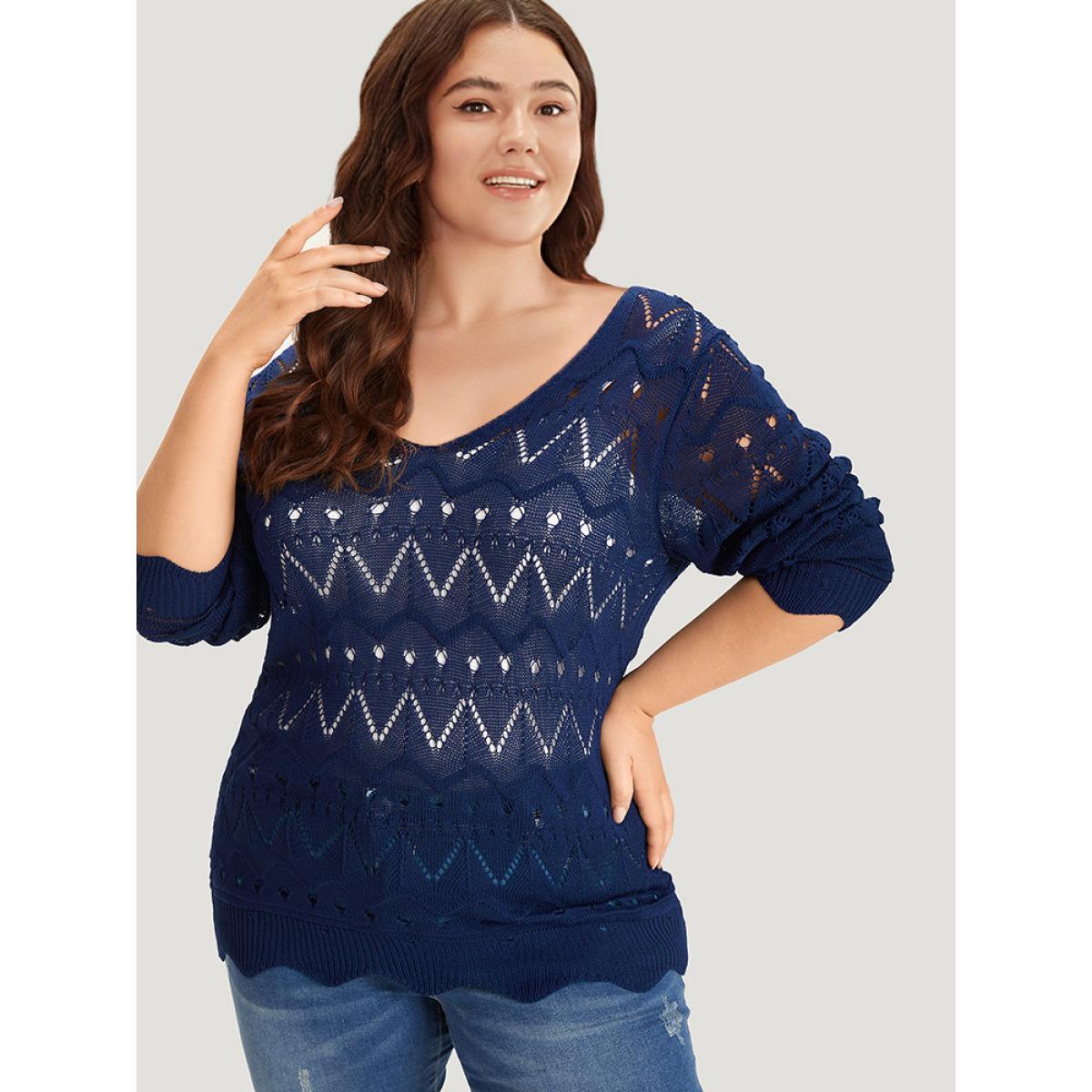 Plus Size Geometric Eyelet Scalloped Trim Drop Shoulder Pullover Indigo Women Casual Loose Long Sleeve Round Neck Dailywear Pullovers BloomChic 14-16/1X Product Image