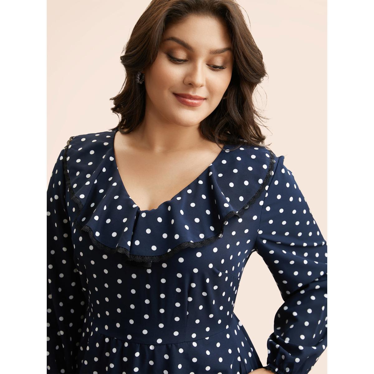 Plus Size Polka Dot Ruffle Trim Midi Dress DarkBlue Women Elegant Ruffles V-neck Long Sleeve Curvy BloomChic 22-24/3X Product Image
