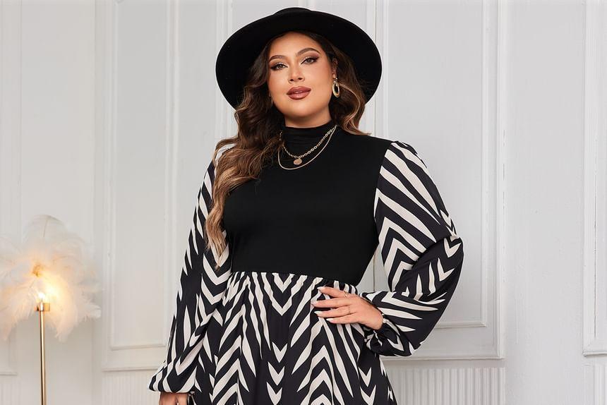 Long Sleeve Mock Neck Patterned Print Panel Maxi A-Line Dress Product Image