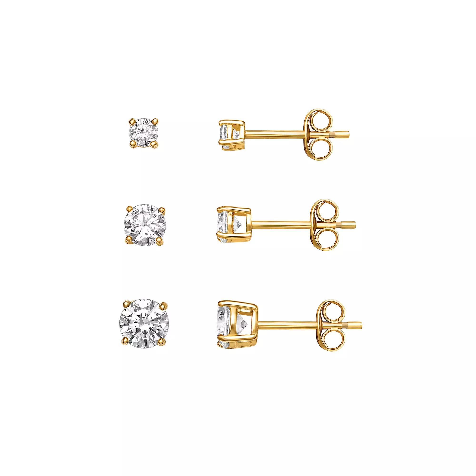 PRIMROSE Sterling Silver Cubic Zirconia Graduated Stud Earring Trio Set, Women's, Gold Tone Product Image