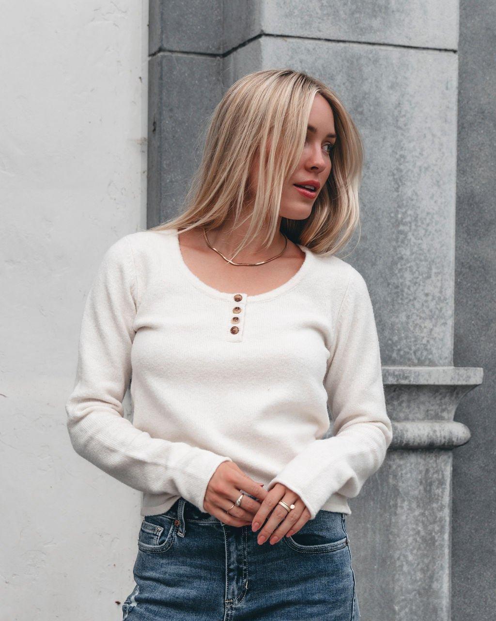 Cozy Brushed Button Up Sweater - Cream - FINAL SALE Product Image