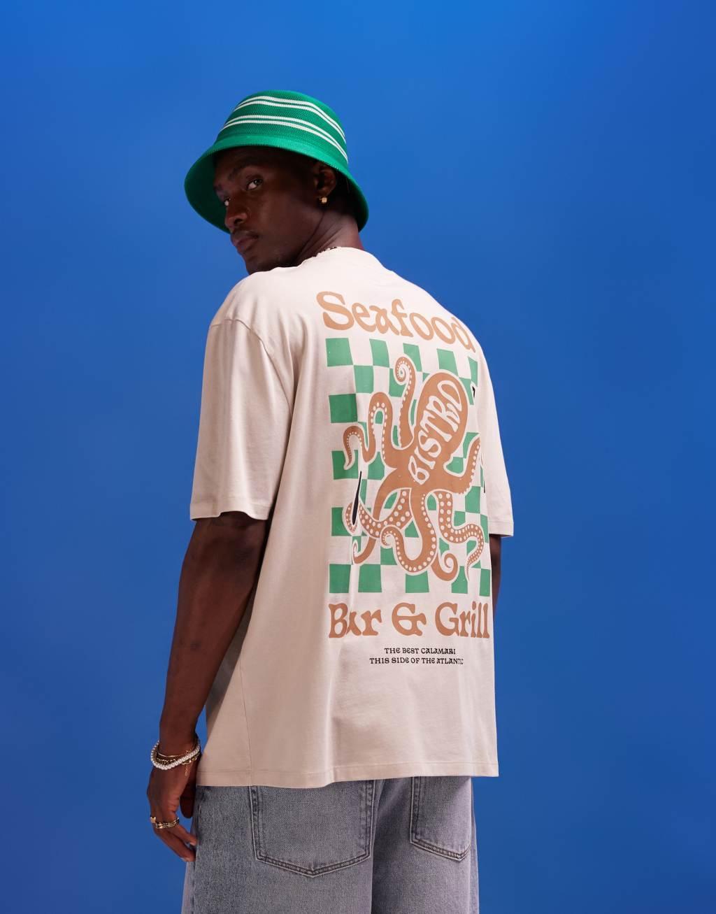 ASOS DESIGN oversized t-shirt in beige with octopus back print Product Image