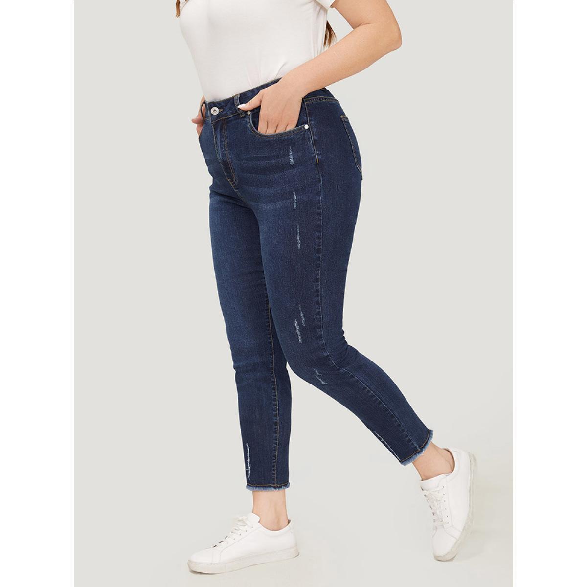 Plus Size Straight Leg Very Stretchy Raw Hem Jeans Women DarkBlue Casual Plain High stretch Pocket Jeans BloomChic 12/L Product Image