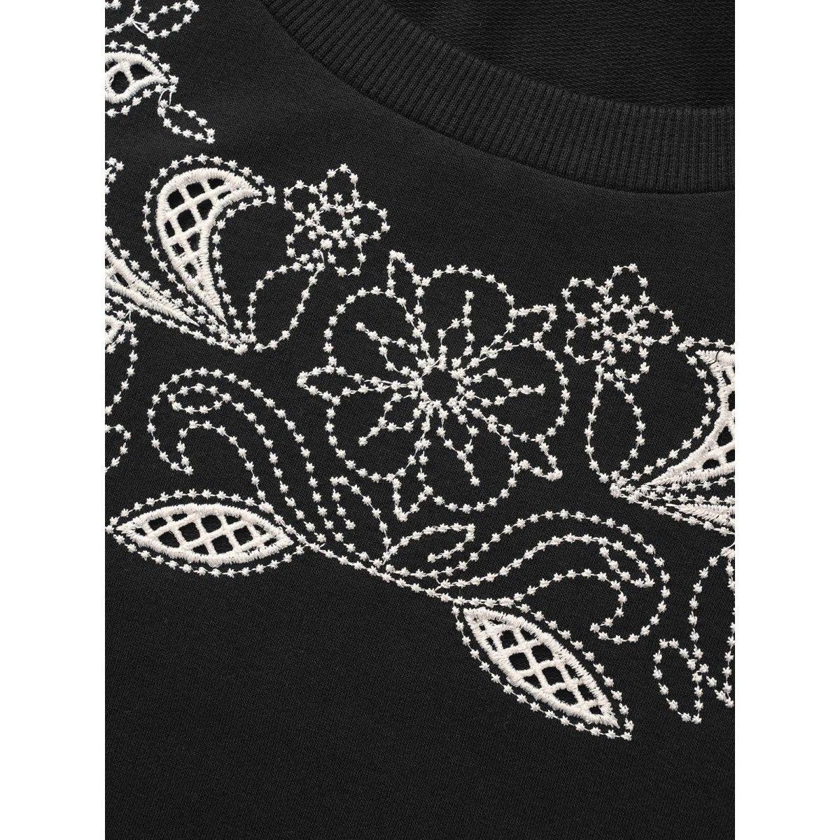 Plus Size Broderie Anglaise Round Neck Sweatshirt Women Black Elegant Broderie anglaise Round Neck Everyday Sweatshirts BloomChic 28/5X Product Image