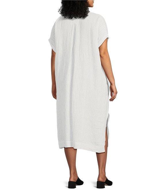 Eileen Fisher Plus Size Puckered Organic Linen Stripe Mandarin Collar Short Sleeve Midi Dress Product Image
