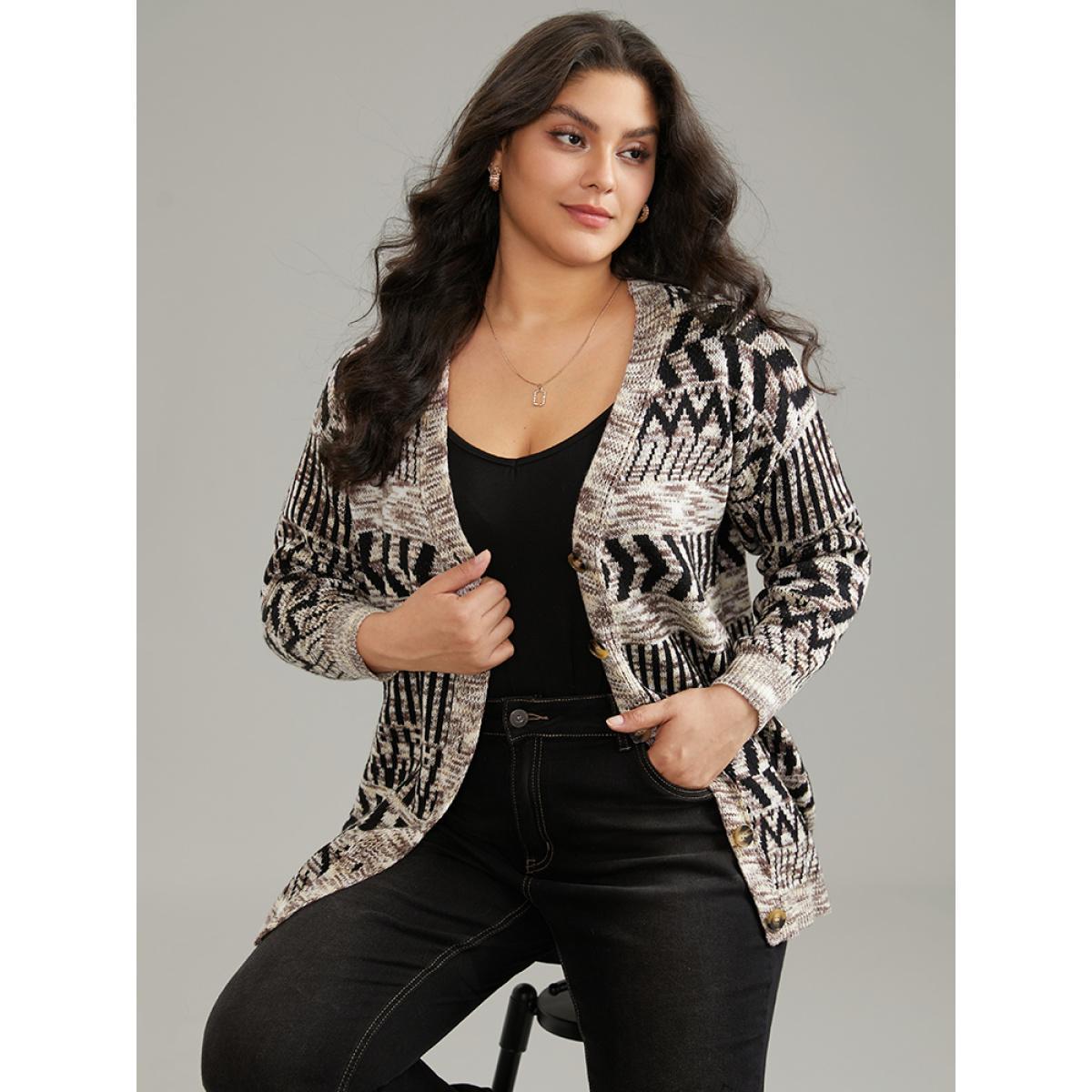 Plus Size Geometric Heather Button Up Elastic Cuffs Cardigan DarkBrown Women Casual Loose Long Sleeve Dailywear Cardigans BloomChic 26/4X Product Image